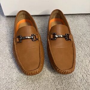 Vostey Brown Leather Slip-On Loafers with Metal Bit